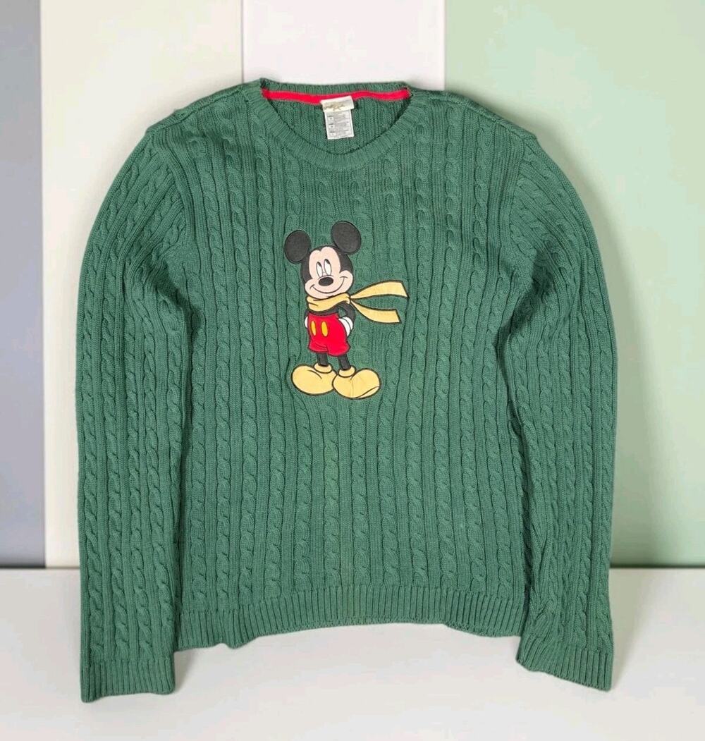 Disney Store Mickey Mouse Cable Knit Sweater Green Streetwear Casual Mens Large